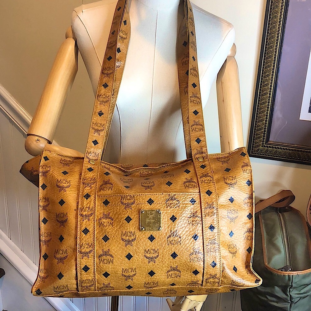 MCM Cognac Visetos Top Zipper Shoulder Briefcase Work Bag Authentic EUC